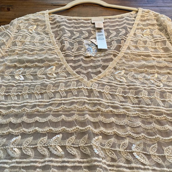 Chico’s NWT Sheer Embroidered Beaded Cream V-Neck Blouse Womens Large - Picture 5 of 11